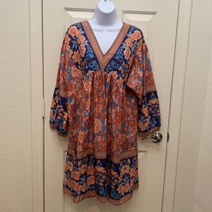 Made With ❤️ Dress Tunic Top V Neck 3/4 Sleeves Elastic Floral Orange Blue XXL